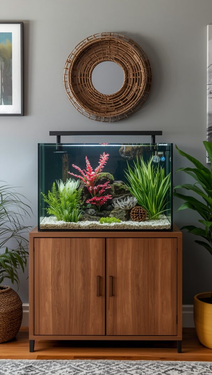 Decorated freshwater aquarium on walnut wood cabinet with colorful plants, rocks, and white gravel substrate in a modern living room