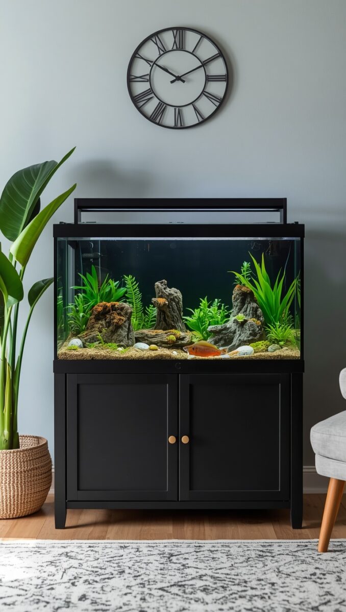 Black cabinet aquarium with live plants, driftwood, rocks, and a colorful fish in a modern living room