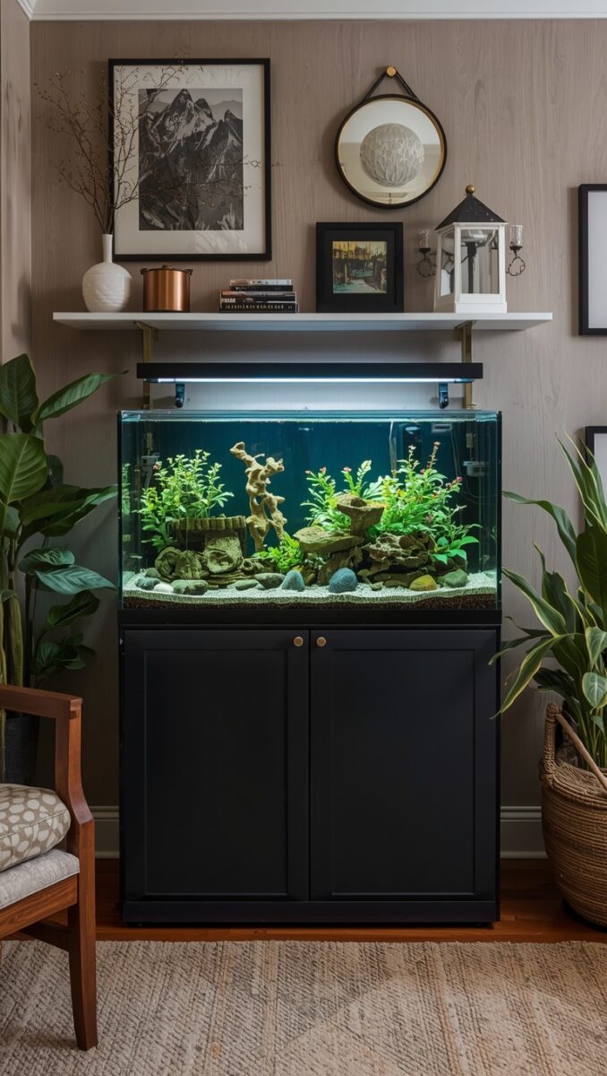 Planted freshwater aquarium with rocks and green aquatic plants on black cabinet stand in living room