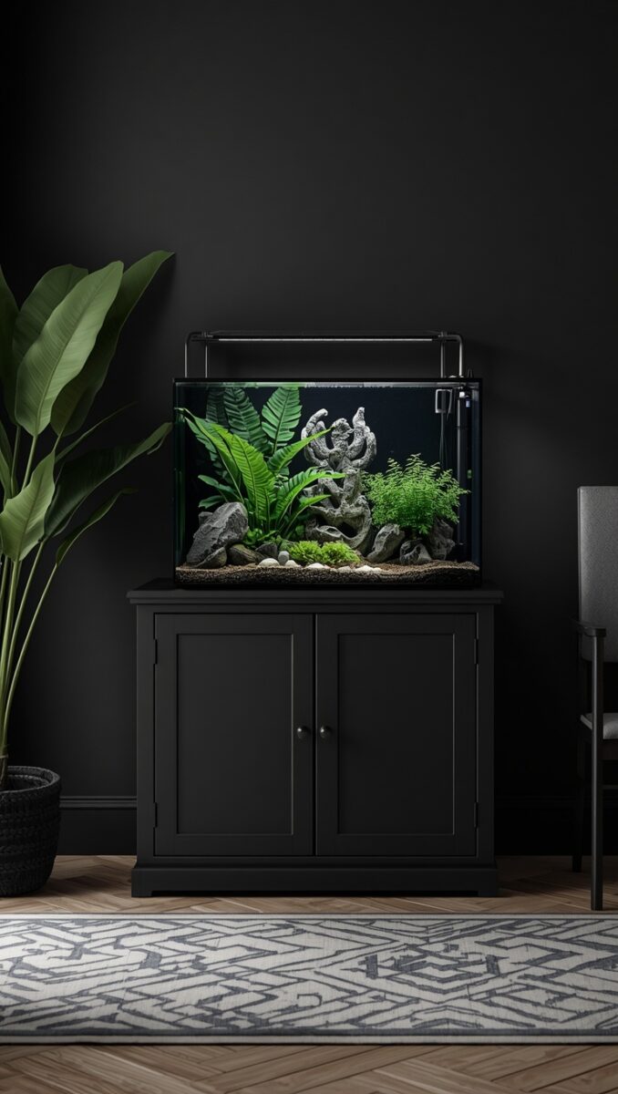 Planted freshwater aquarium with green aquatic plants and rocks on a black cabinet in a modern dark-themed room