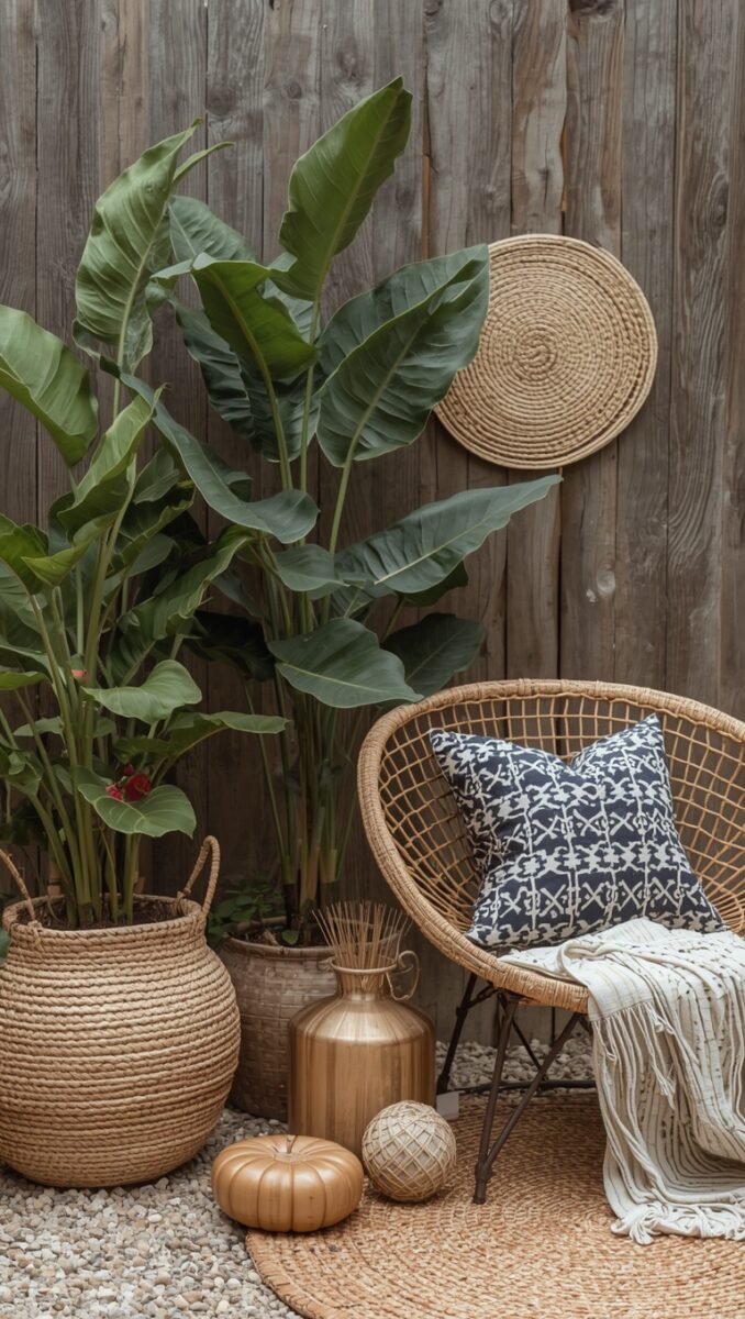 Bohemian patio corner with wicker chair, tropical plant, woven baskets, and rustic wooden fence backdrop