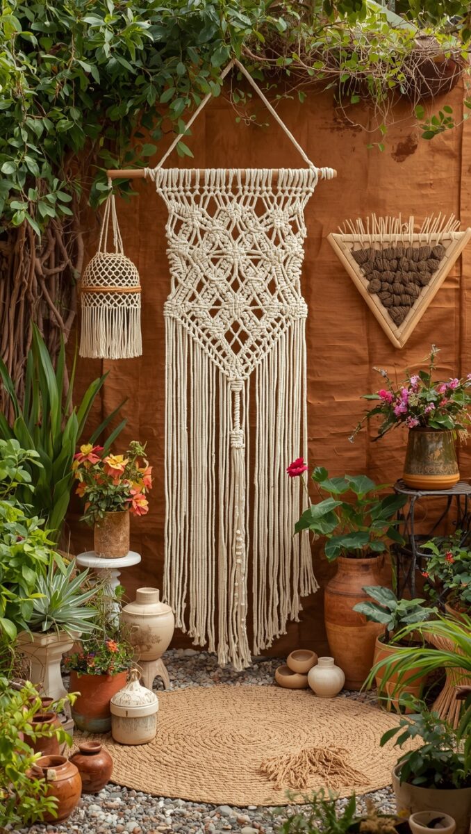 Large cream macrame wall hanging with diamond patterns and fringe displayed in a boho garden with terracotta pots and plants