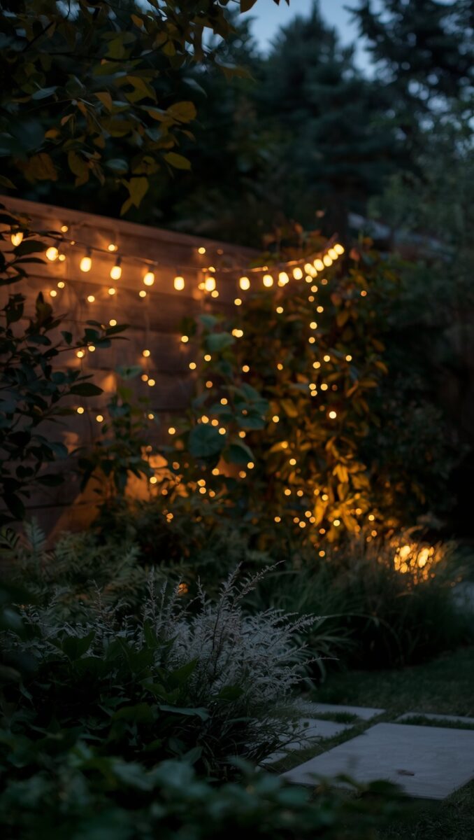 Garden at dusk with warm string lights and fairy lights draped over lush green shrubs along a wooden fence