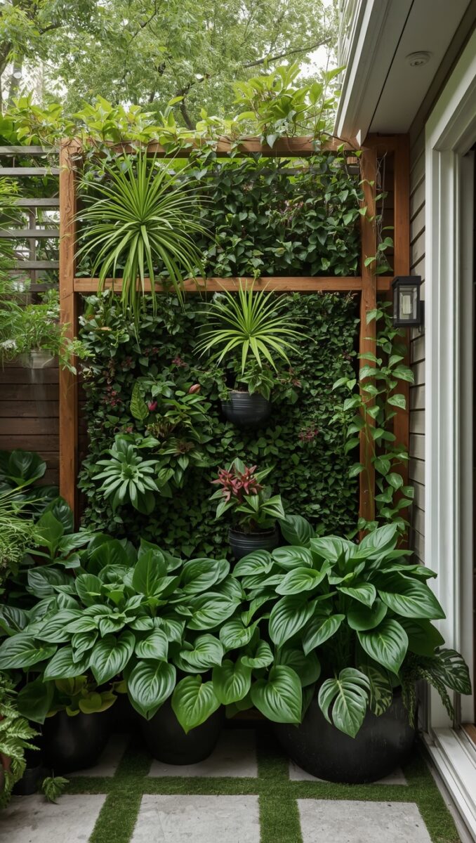 Lush vertical garden wall with hostas, spider plants, and climbing ivy on a small patio beside a house