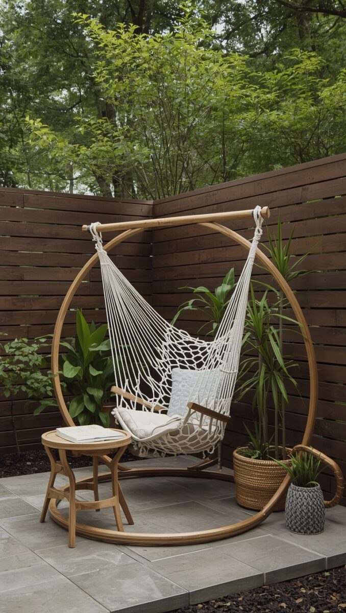 Macramé hammock chair on circular wooden stand frame in a patio corner with tropical plants and wooden privacy fence