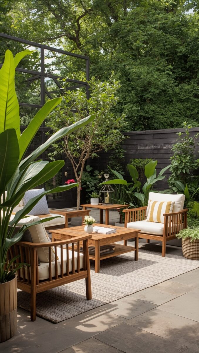 Modern outdoor patio with teak wood furniture, white cushions, tropical plants, and dark privacy fence