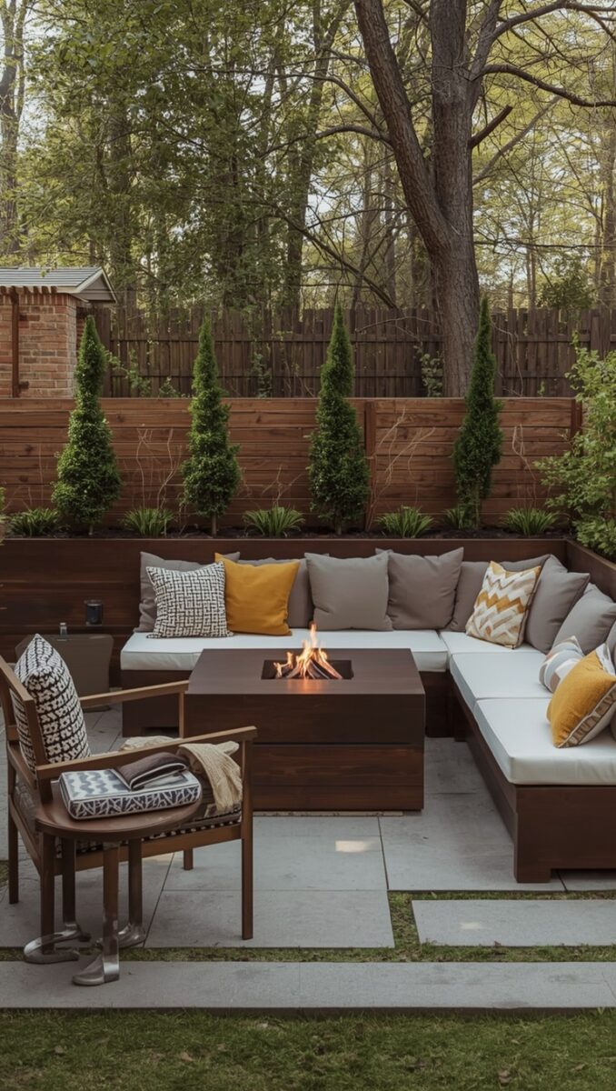 Modern backyard patio with L-shaped sectional sofa, square fire pit table, gray cushions, and yellow accent pillows