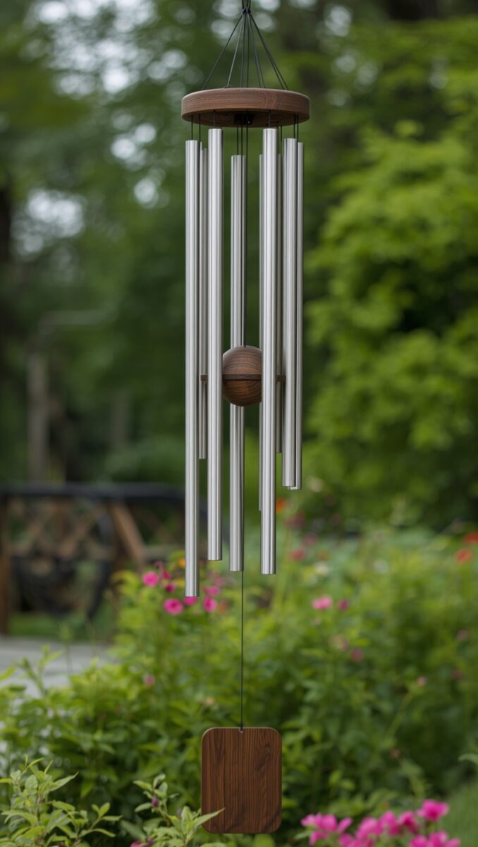 Silver aluminum wind chime with wooden top and ball striker hanging in a lush garden with pink flowers