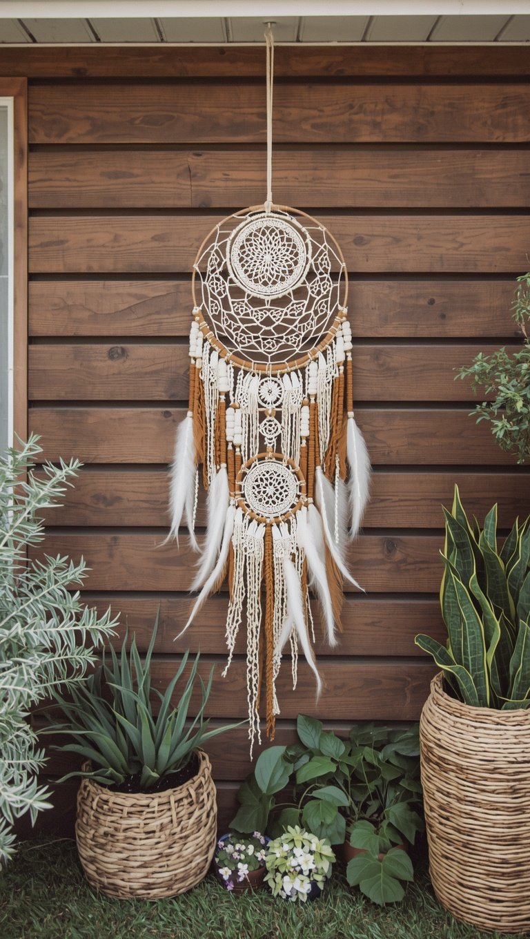 Large boho dream catcher with crochet web, white feathers, and brown beads hanging on wooden wall with potted plants