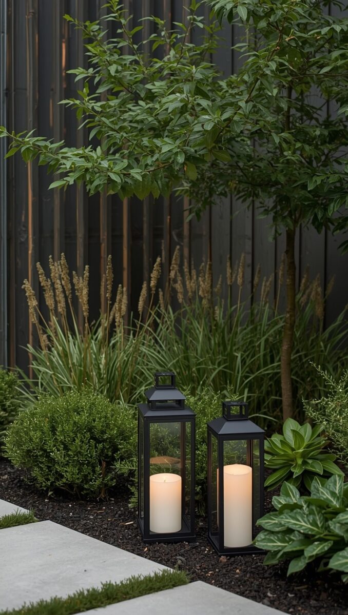 Two black metal lanterns with white pillar candles placed in a modern garden bed with ornamental grasses and shrubs