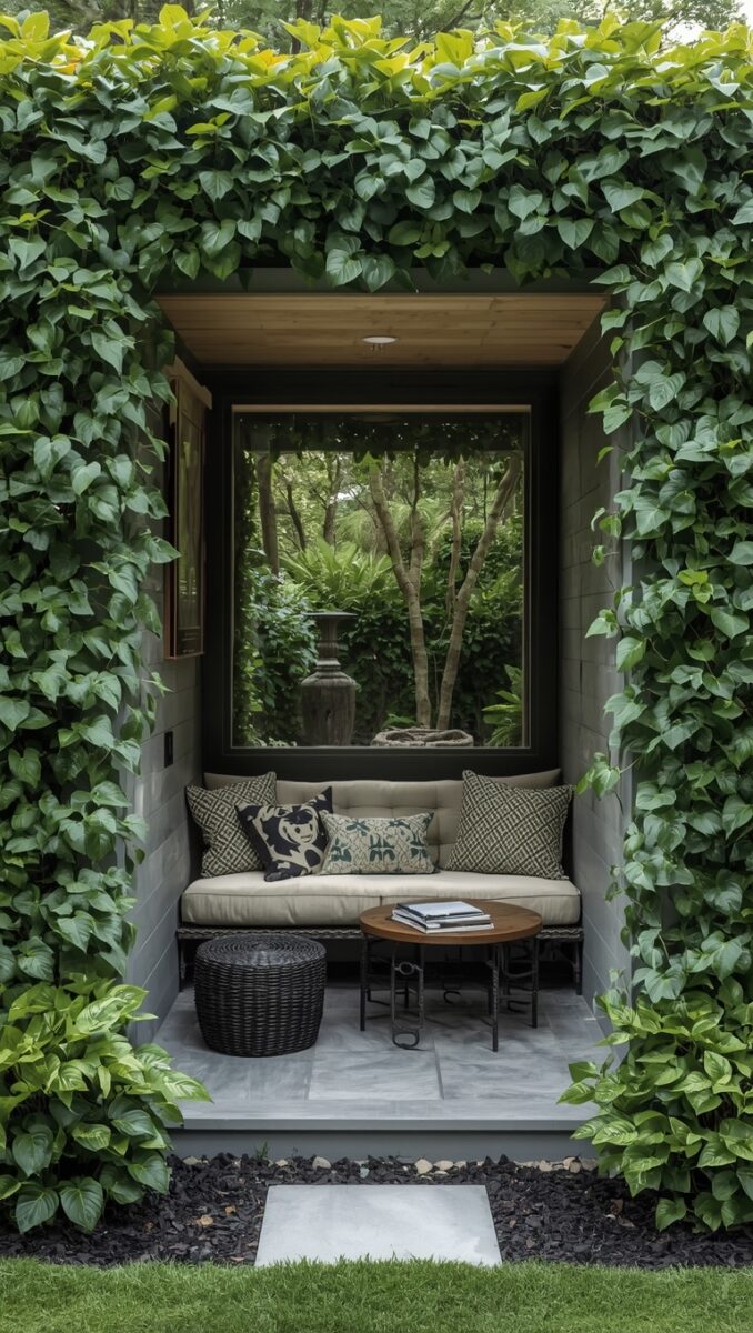 Cozy ivy-covered outdoor garden nook with cushioned bench, decorative pillows, and small coffee table