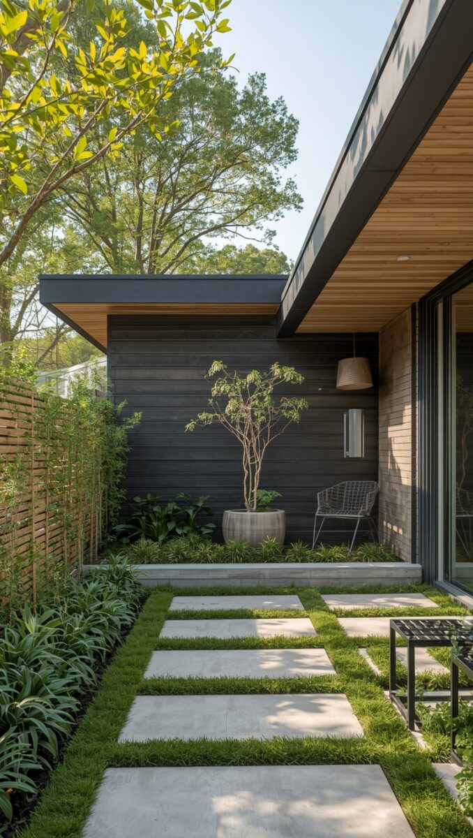 Modern home exterior with dark wood siding, concrete stepping stones, lush greenery, and potted Japanese maple tree