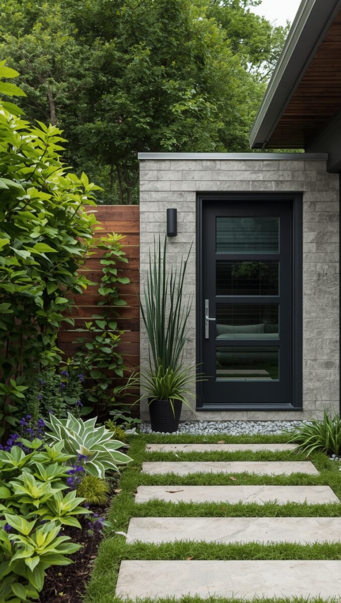 Modern home entrance with dark door, gray stone facade, stepping stones, and lush green landscaping