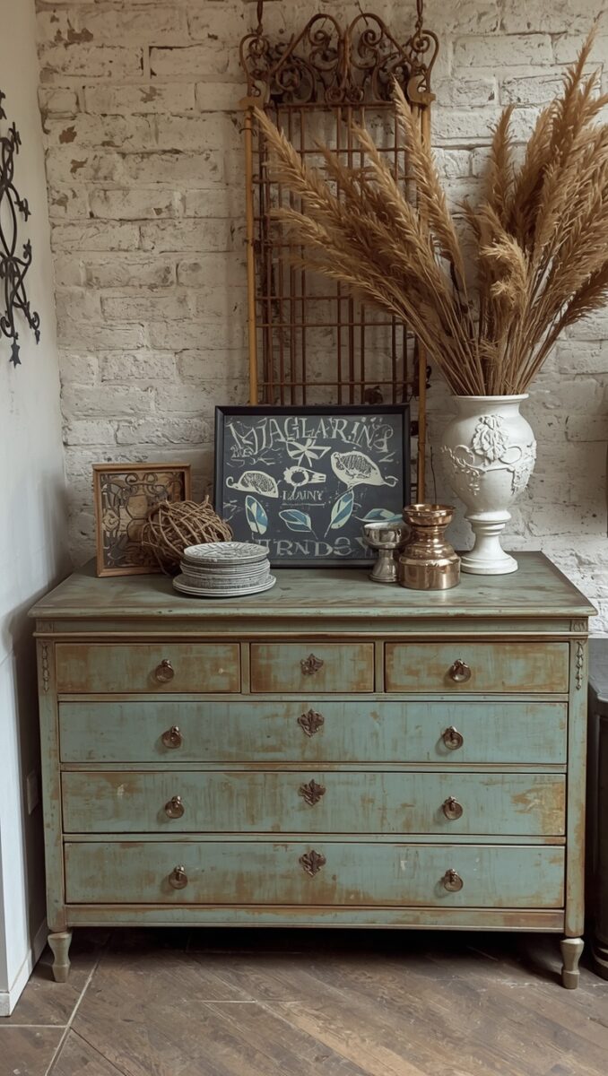 Distressed sage green vintage dresser with brass hardware styled with pampas grass, white urn vase, and rustic decor against whitewashed brick wall