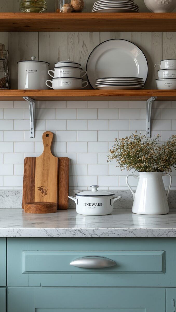 Farmhouse kitchen counter with white enamel cookware, wooden cutting boards, open shelves with plates, and sage green cabinets