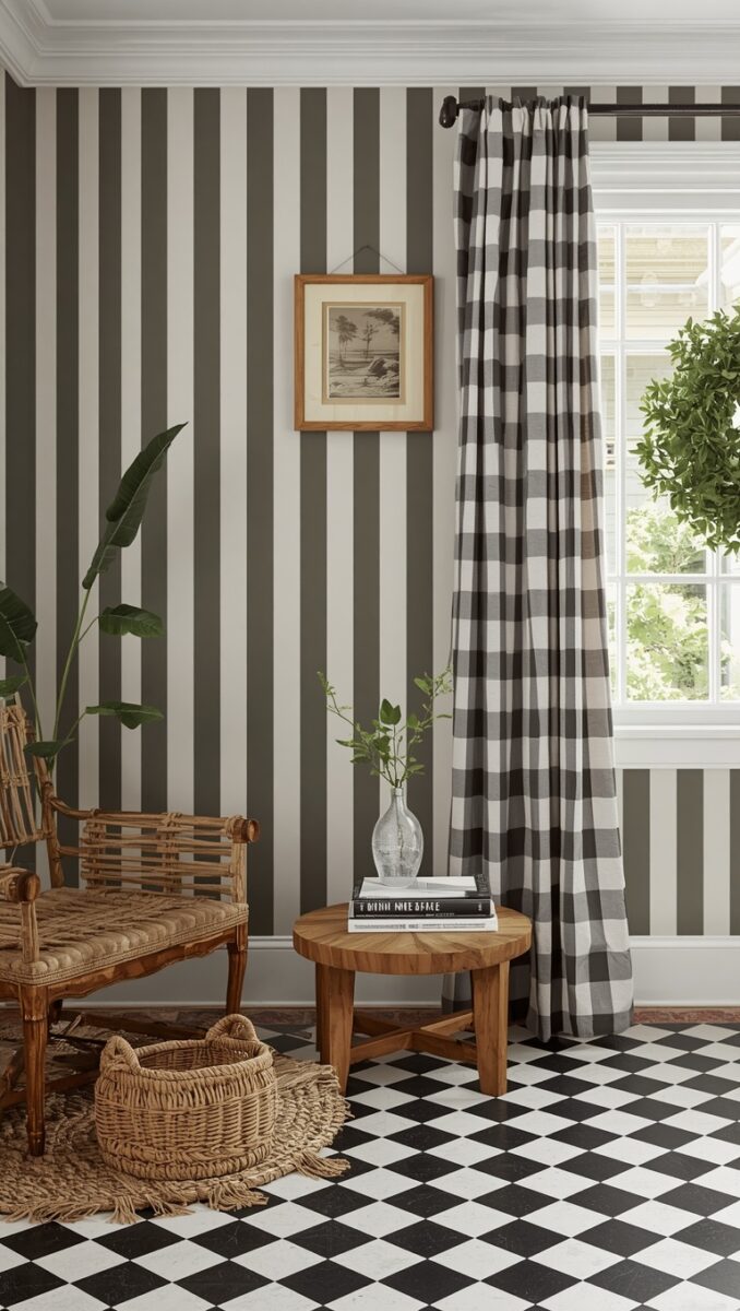 Eclectic living room with olive green striped wallpaper, buffalo check curtains, rattan chair, checkerboard floor, and wooden coffee table