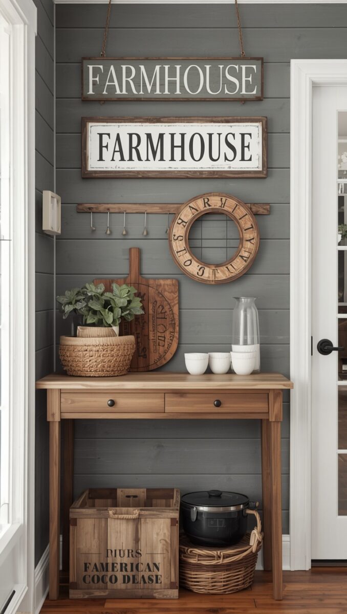 Farmhouse-style entryway with gray shiplap wall, wooden console table, wicker baskets, and rustic FARMHOUSE signs