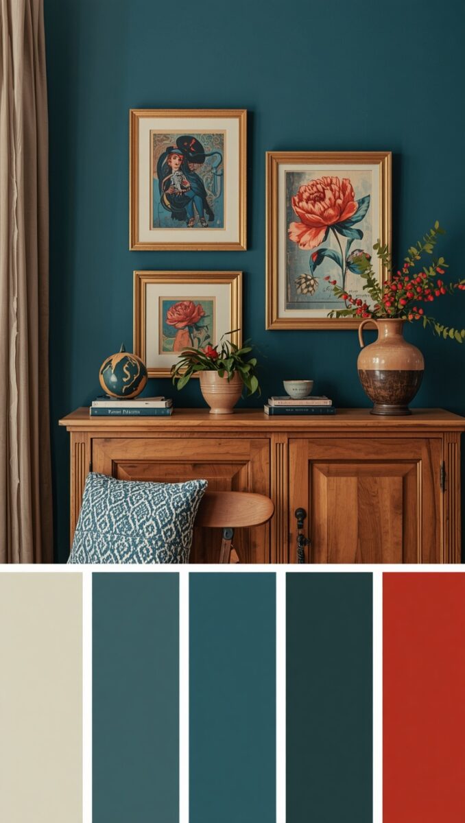 Teal accent wall with gold-framed botanical art above a walnut sideboard with terracotta vases and a color palette swatch