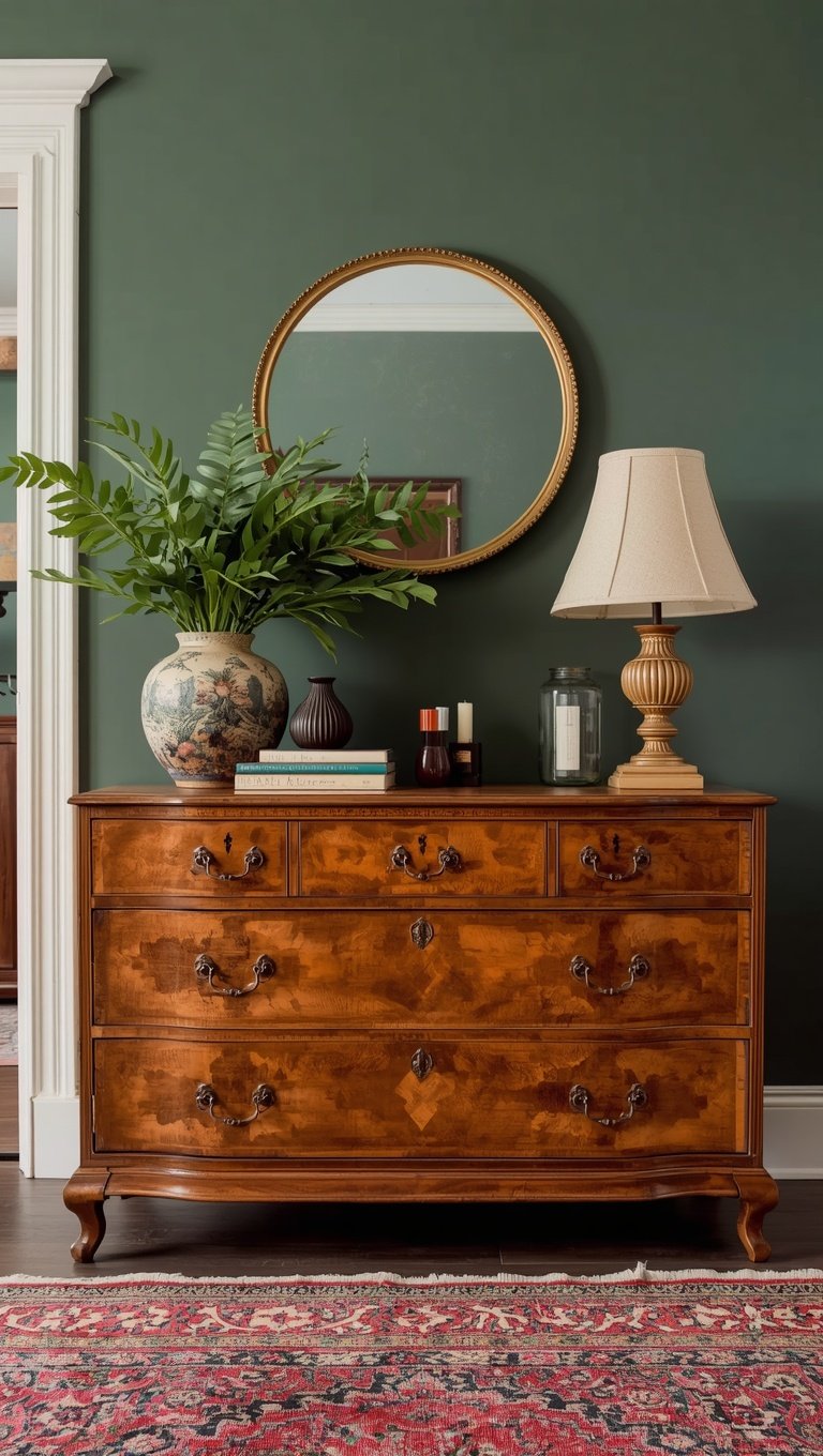 Antique walnut chest of drawers with gold mirror, ceramic vase with ferns, and table lamp against dark green wall