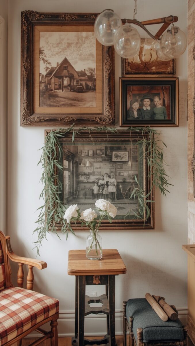 Vintage gallery wall with ornate frames, sepia prints, and black-and-white photos above a wooden table with white roses