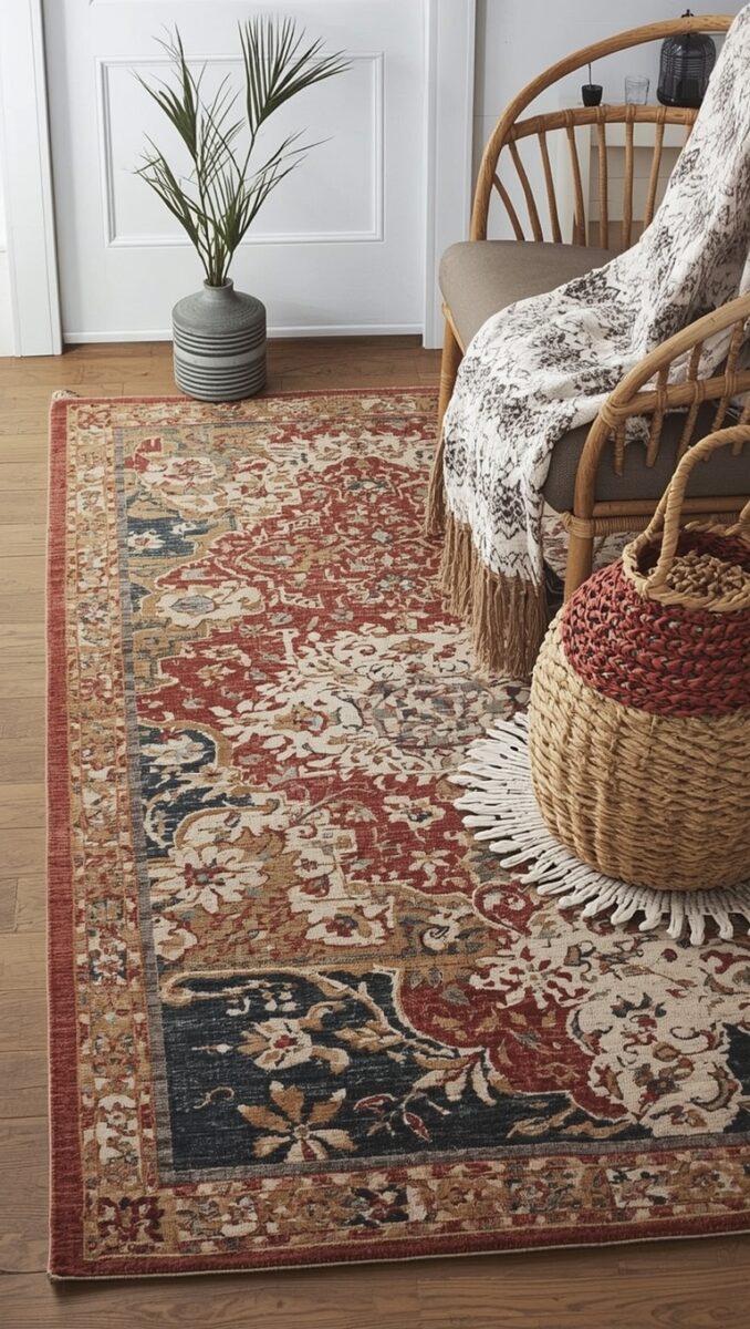 Traditional Persian-style area rug with red, navy, and cream floral pattern in a boho living room setting