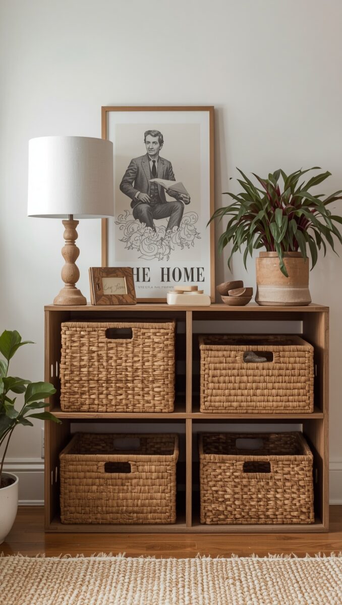 Wooden cubby shelf with four wicker storage baskets, table lamp, potted plant, and framed art print on top