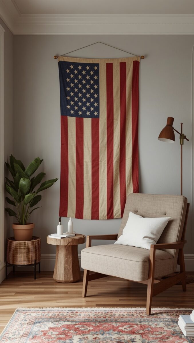 Vintage American flag hung vertically on wall above mid-century armchair with wooden side table and potted plant