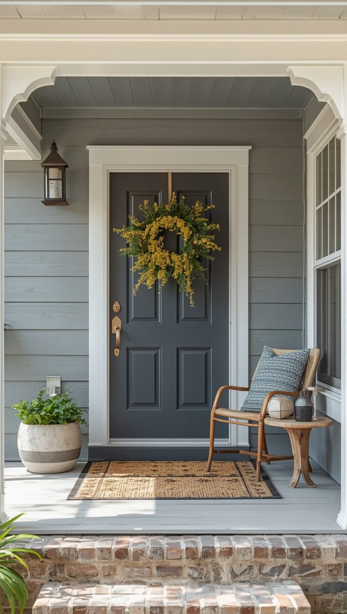 Charming front porch with dark gray door, yellow floral wreath, rattan chair, potted plant, and brick steps on gray clapboard house