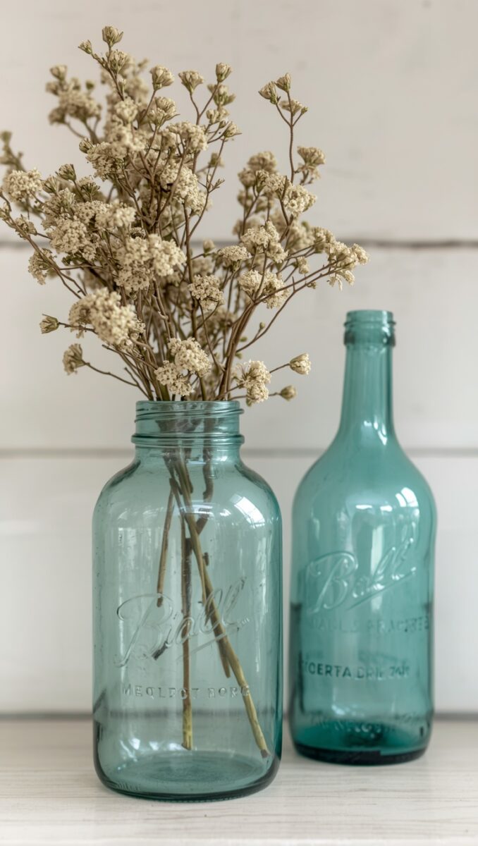 Two vintage aqua blue Ball mason jars on white surface, one holding dried baby's breath wildflowers