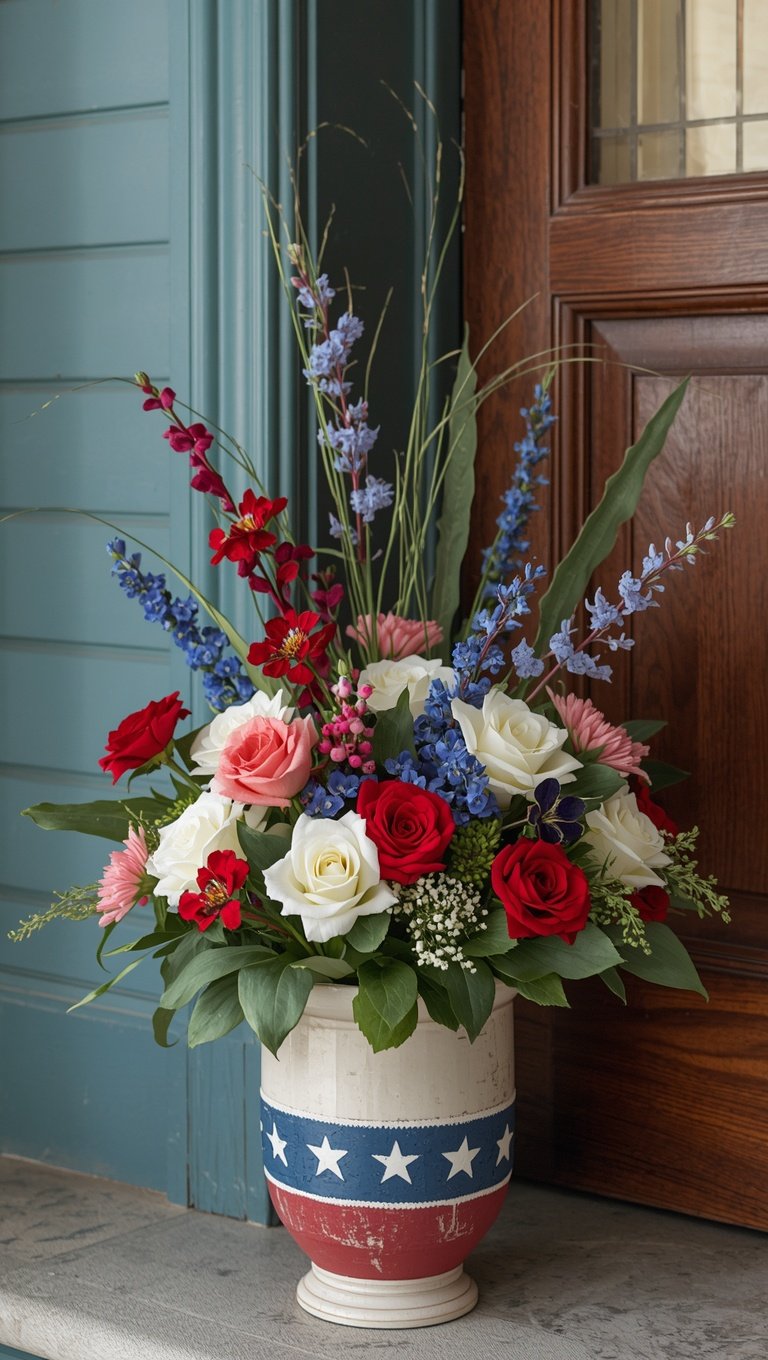 Patriotic red white and blue floral arrangement with roses and delphiniums in a star-spangled vase by front door