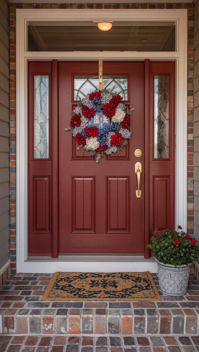 Dark red front door with patriotic red, white, and blue floral wreath on brick home entryway