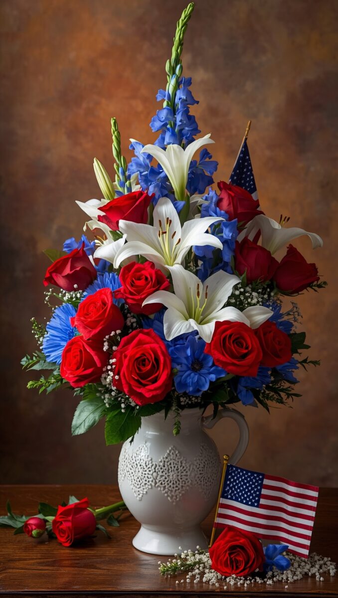 Patriotic red roses, white lilies, and blue delphiniums bouquet in white ceramic vase with American flags