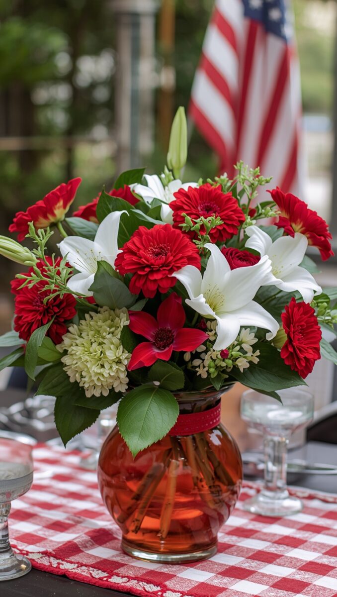 Red and white floral arrangement with gerbera daisies and lilies in amber glass vase on red checkered tablecloth with American flag