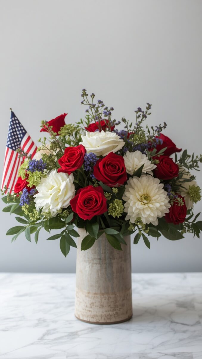 Patriotic red, white, and blue floral arrangement with roses, chrysanthemums, and an American flag in a rustic vase