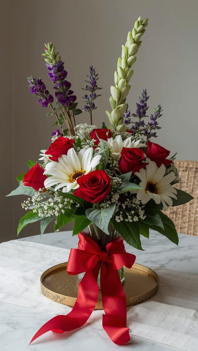 Elegant floral arrangement with red roses, white gerbera daisies, purple lavender, and white gladiolus in a glass vase tied with a red satin ribbon