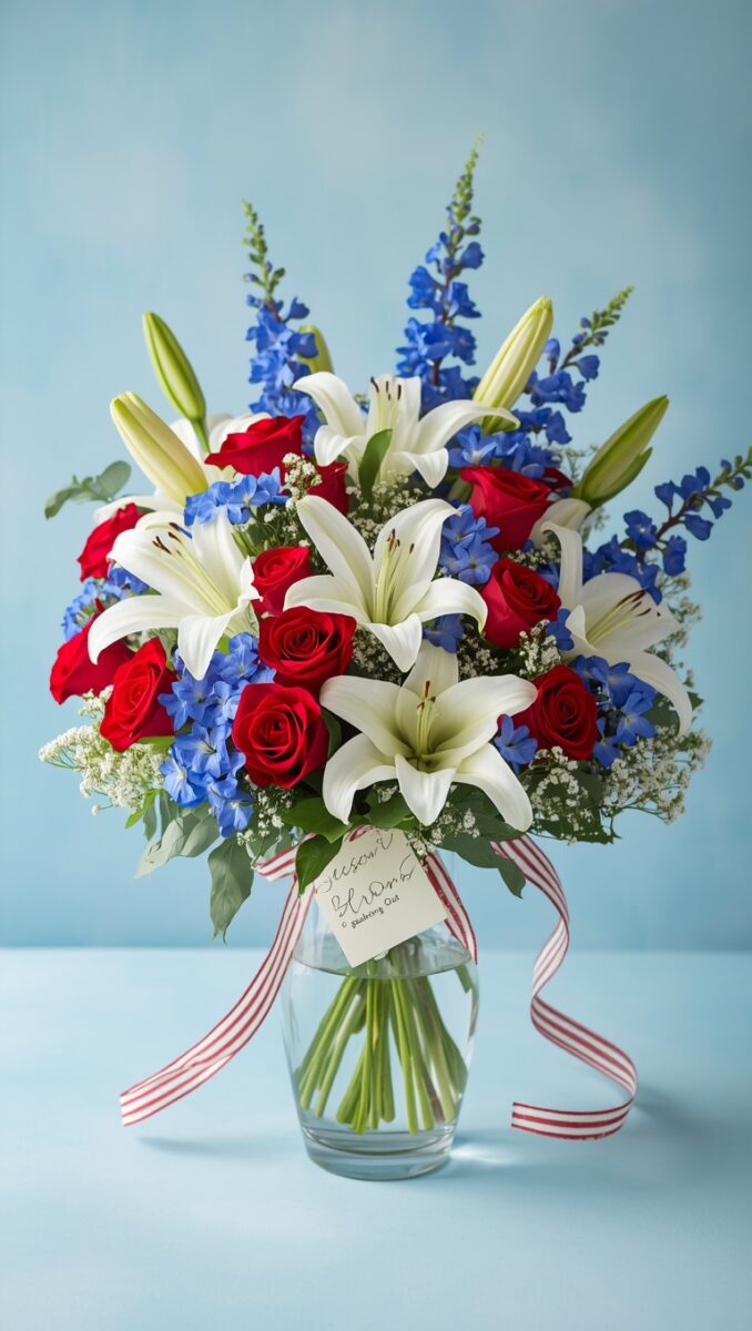 Patriotic floral bouquet with red roses, white lilies, and blue delphiniums in a clear glass vase with red-striped ribbon
