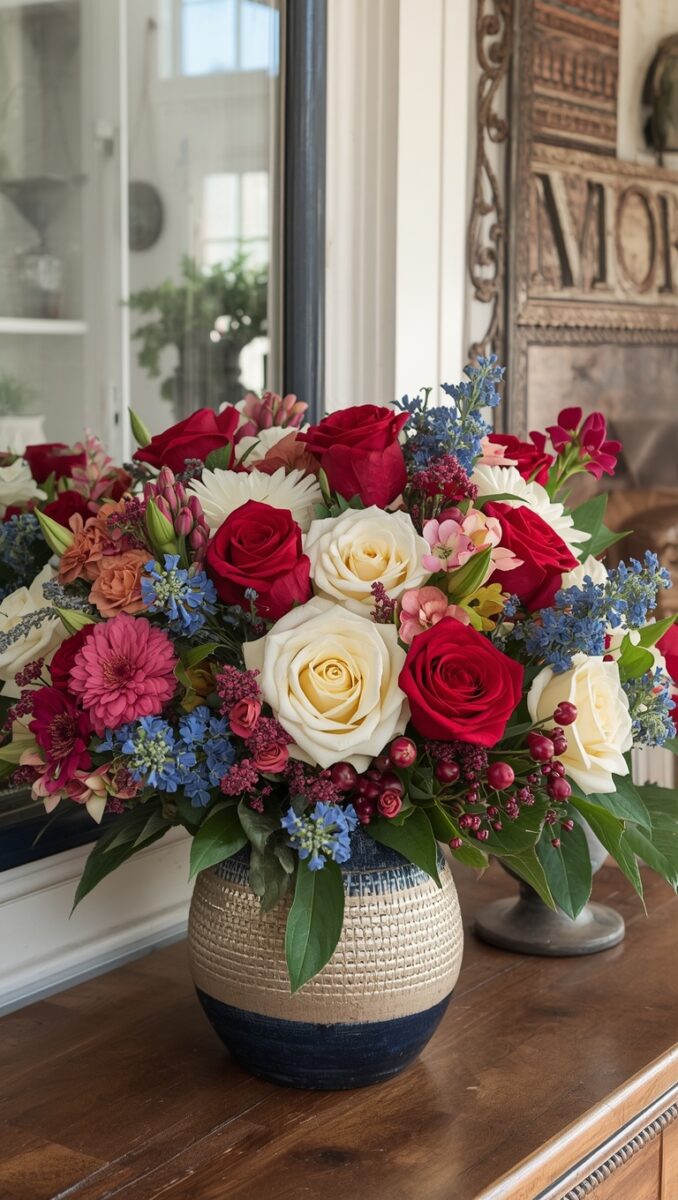 Lush floral arrangement with red and white roses, pink dahlias, blue flowers, and berries in a navy and beige textured vase