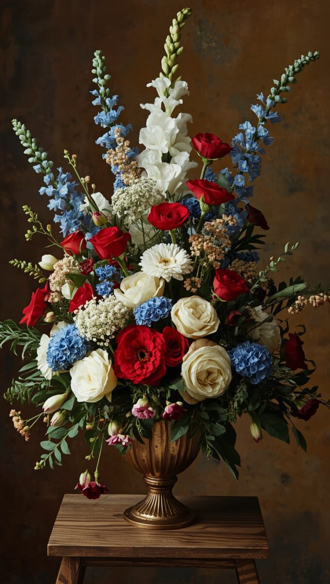 Elegant red, white, and blue floral arrangement in a bronze urn vase on a wooden table