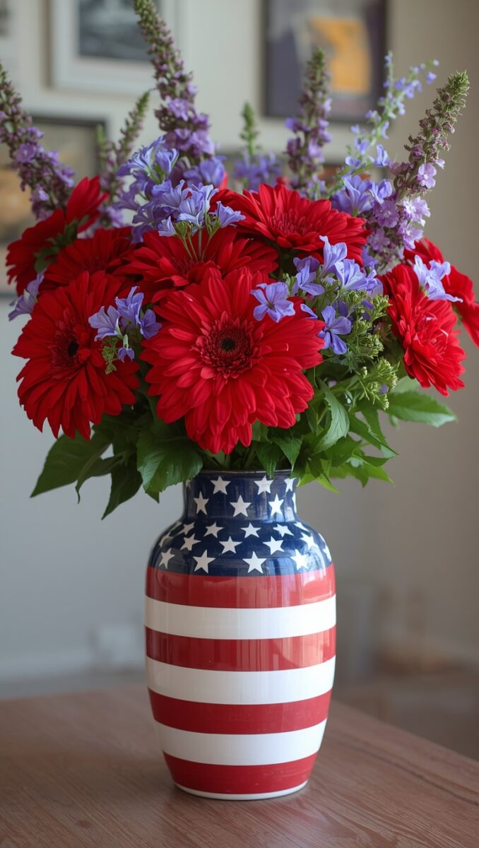 Red gerbera daisies and purple wildflowers arranged in an American flag ceramic vase on a wooden table
