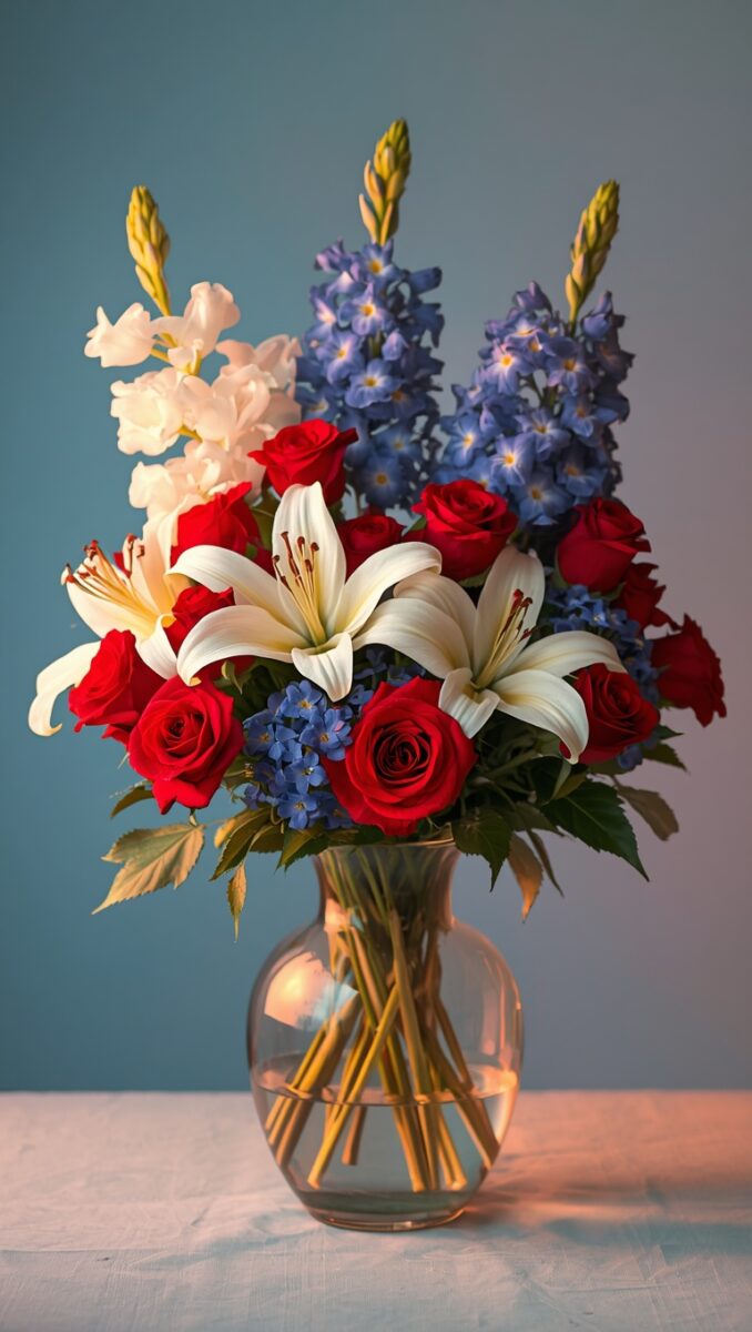 Red roses, white lilies, blue delphiniums, and gladioli arranged in a clear glass vase on a white table