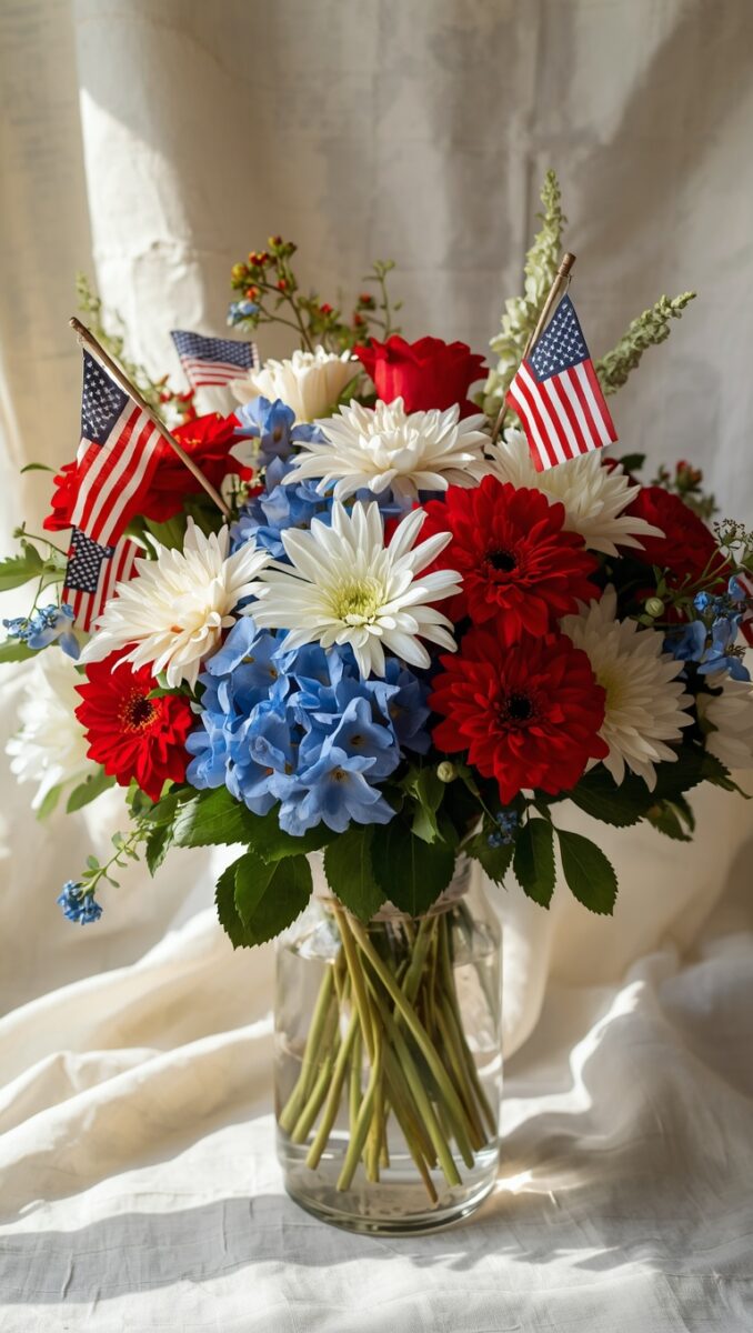 Patriotic red white and blue flower arrangement with American flags in a clear glass vase