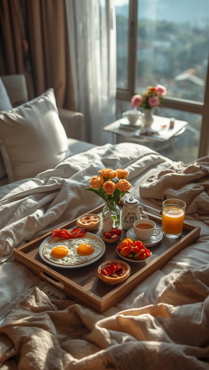 Breakfast in bed tray with fried eggs, bacon, fruit, coffee, orange juice, and peach roses on white bedding
