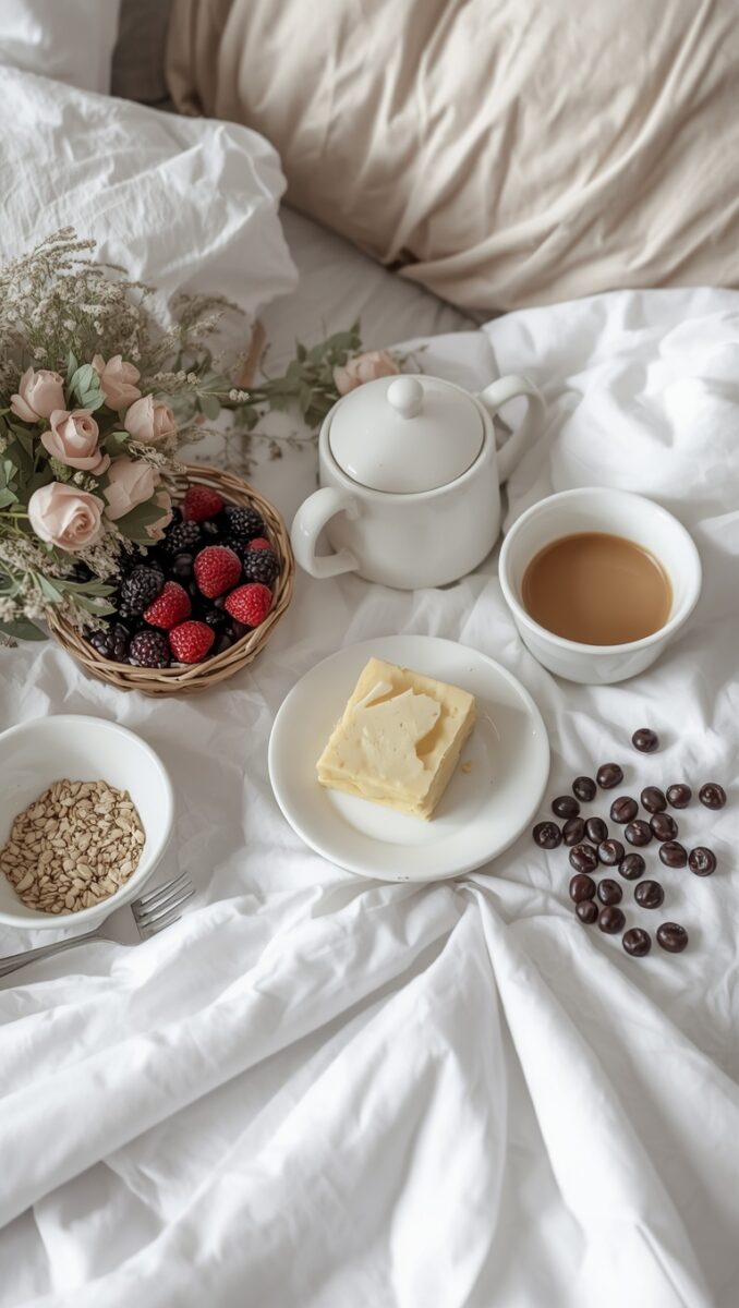 Breakfast in bed spread on white linen with coffee, mixed berries, oats, butter, teapot, and pink roses