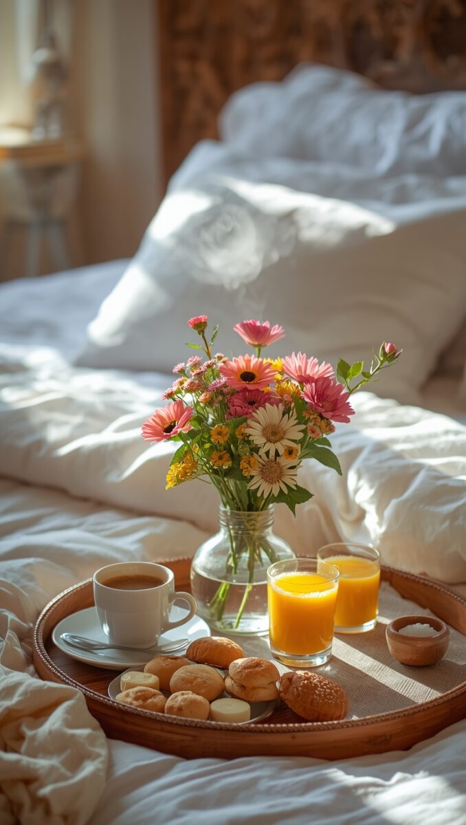 Breakfast in bed tray with coffee, orange juice, pastries, and fresh pink flowers on white bedding