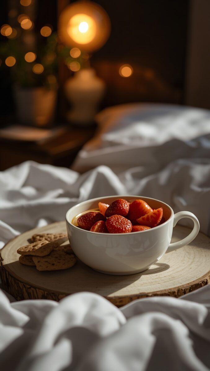 White ceramic cup filled with fresh strawberries on a rustic wood slice with cookies, set on white bed linen