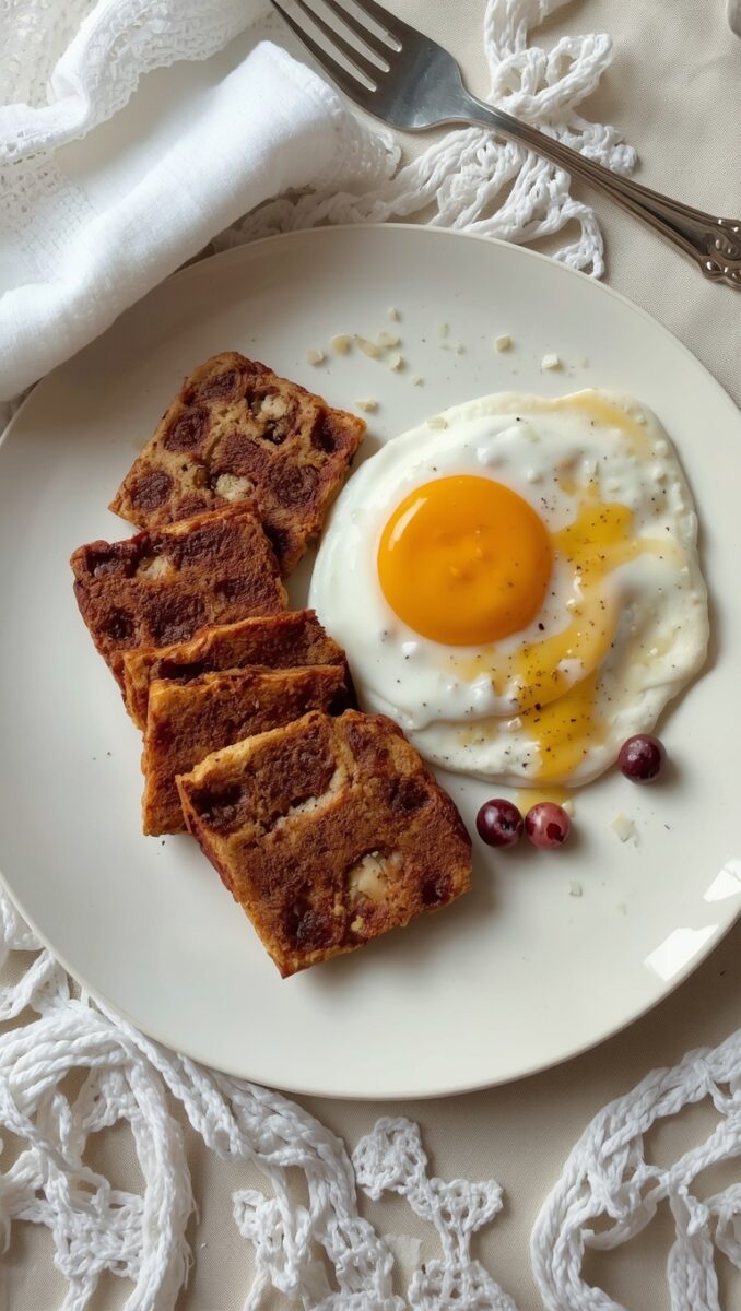 White plate with sunny-side-up fried egg and sliced fruit-nut bread, garnished with cranberries on lace doily