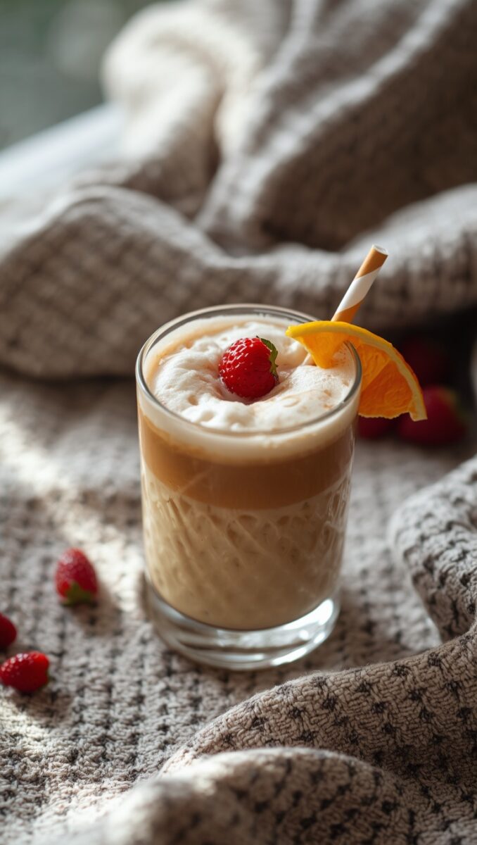 Creamy iced coffee drink in glass topped with whipped cream, fresh strawberry, orange slice garnish, and striped straw