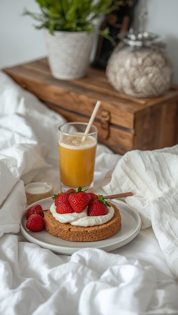 Strawberry shortcake with whipped cream on a plate beside a glass of orange juice on white bed linen