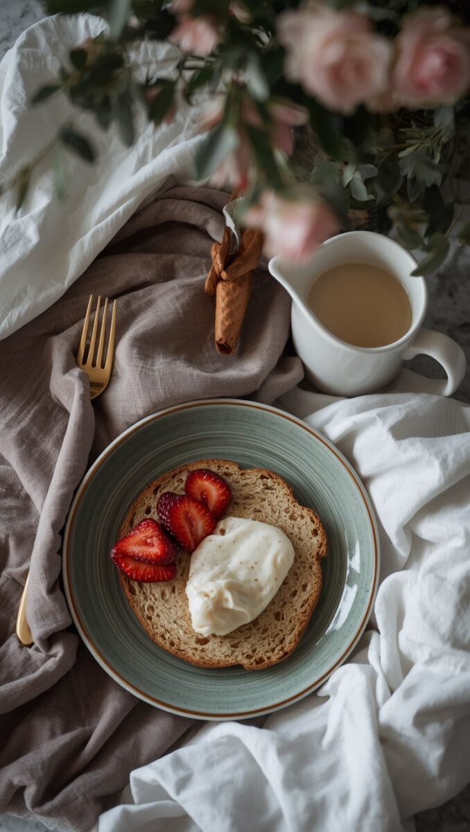 Overhead flat lay of toast with whipped cream and strawberries on sage plate, gold fork, coffee pitcher, and pink roses