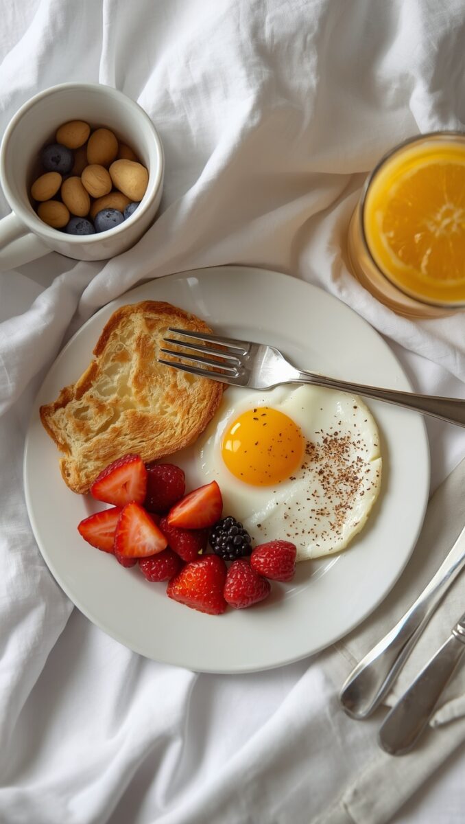 Overhead view of a breakfast plate with sunny-side-up egg, toast, strawberries, blackberries, orange juice, and mixed nuts